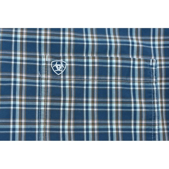 Ariat Pro Series Men's Shirt Size XXLT Navy Blue Plaid Short Sleeve Button Up - Picture 4 of 14